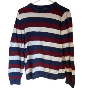 Preppy Cozy Lands End Stripe Cotton Nautical Crew Neck Sweater Knit L Fall